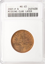 2001-P ANACS $1 Sacagawea Dollar Missing Reverse Clad Layer MS63