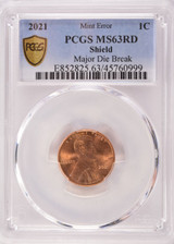 2021 PCGS 1c Shield Cent Major Die Break Retained Cud MS63 Red