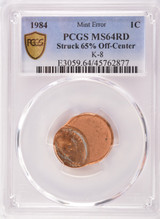 1984 PCGS 1c Lincoln Cent Struck 65% Off-Center at K-8 MS64 Red