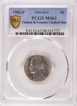1983-P PCGS 5c Jefferson Nickel Strong Clashed & Counter Clashed Dies MS63