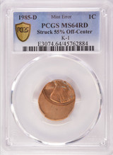 1985-D 1c Lincoln Cent Struck 55% Off-Center at K-1 MS64 Red