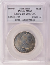 1999-P $1 SBA Dollar Triple-Struck 2nd & 3rd Strikes 20% Off-Center PCGS MS65