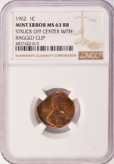 1962 1c Lincoln Cent 10% Off-Center & 12% Straight Clip NGC MS63 RB