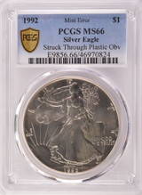 1992 $1 Silver Eagle Struck Through Plastic Obverse PCGS MS66