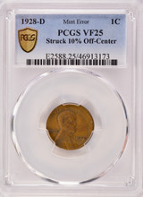 1928-D 1c Wheat Cent 10% Off-Center PCGS VF25