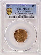 1964 1c Lincoln Cent Struck Through Split Planchet Reverse PCGS MS63 RB