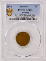 1864 1c Indian Cent 85 Degree Rotated Dies PCGS AG3
