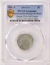 1943-S 1c Steel Wheat Cent Struck 25% Off-Center PCGS AU