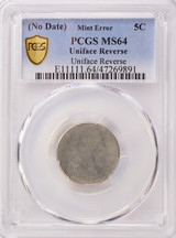 PCGS 5c ND Jefferson Nickel Struck Through Planchet Uniface Obverse MS64