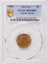 1984 1c Lincoln Cent Cud Major Die Break PCGS MS64 BN