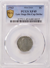 1943 1c Steel Cent Late Stage Die Cap Strike PCGS XF45