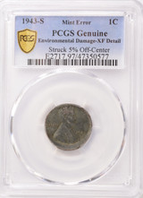 1943-S 1c Steel Cent Struck 5% Off-Center PCGS XF Enviro. Damage