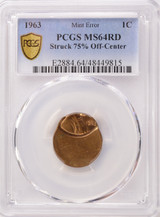 1963 1c Lincoln Cent Struck 75% Off-Center PCGS MS64 Red
