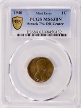 1940 1c Lincoln Cent Struck 7% Off-Center PCGS MS63 BN