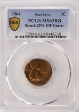 1964 1c Lincoln Cent Struck 20% Off-Center PCGS MS63 RB