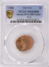 1984 1c Lincoln Cent Struck 55% Off-Center PCGS MS64 Red