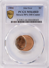 1990 1c Lincoln Cent Struck 50% Off-Center PCGS MS64 Red