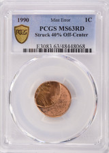 1990 1c Lincoln Cent Struck 40% Off-Center PCGS MS63 Red