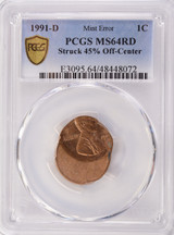 1991-D 1c Lincoln Cent Struck 45% Off-Center PCGS MS64 Red