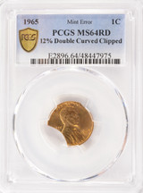 1965 1c Lincoln Cent 12% Double Curved Clip PCGS MS64 Red