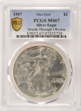 1997 $1 Silver Eagle Squiggly Struck Through Obverse PCGS MS67