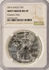 2016 $1 Silver Eagle Strong Clashed Dies Obverse and Reverse NGC MS69
