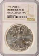 1998 $1 Silver Eagle Struck Through & Retained Obverse NGC MS69