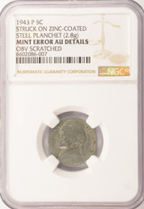 1943-P 5c Jefferson Nickel on Steel Cent Planchet NGC AU