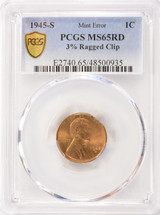 1945-S 1c Wheat Cent 3% Ragged Clip PCGS MS65 Red