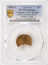 1942-X 1c Lincoln Wheat Cent 25% Curved Clip & Partial Collar PCGS UNC