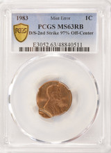1983 1c Lincoln Cent Double-Struck 2nd 97% Off-Center PCGS MS63 RB