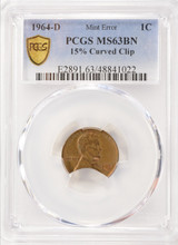 1964-D 1c Lincoln Cent 15% Curved Clip PCGS MS63 BN