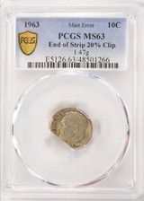 1963 10c Roosevelt Dime End of Strip 20% Straight Clip 1.47 Grams PCGS MS63
