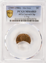 (1959-1982) 1c Lincoln Cent 40% Curved Clip 1.71 Gram PCGS MS64 Red