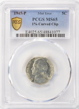 1945-P 5c War Nickel 1% Curved Clip PCGS MS65