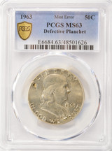 1963 50c Franklin Half Defective Planchet at K-10 PCGS MS63