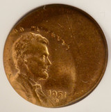 1951-D 1c Wheat Cent Struck 35% Off-Center NGC MS65 RB