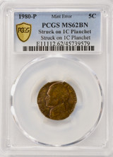 1980-P 5c Jefferson Nickel Struck on Cent Planchet PCGS MS62 BN