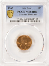 1963 1c Lincoln Cent Cracked Planchet PCGS MS64 Red