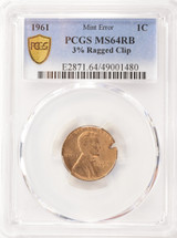 1961 1c Lincoln Cent 3% Ragged Clip PCGS MS64 RB