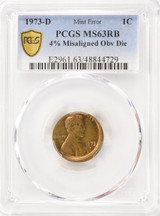 1973-D 1c Lincoln Cent 4% Misaligned Die Obverse PCGS MS63 RB
