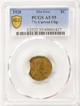 1920 1c Wheat Cent 7% Curved Clip PCGS AU55