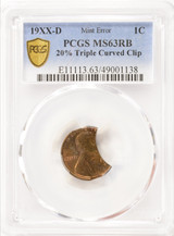 PCGS 1c 19XX-D Lincoln Cent 20% Tripled Curved Clipped MS63 RB