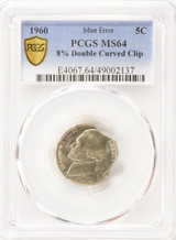 1960 5c Jefferson Nickel 8% Double Curved Clipped PCGS MS64