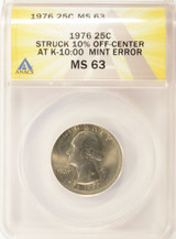 1976 25c Washington Quarter Struck 10% Off-Center ANACS MS63