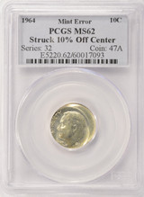 1964 10c Roosevelt Dime Struck 10% Off-Center PCGS MS62