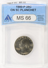 1980-P 25c Washington Quarter on Nickel Planchet ANACS MS66