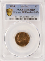 1980-P 5c Jefferson Nickel Struck on Cent Planchet PCGS MS63 Red