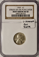 1937 1c Wheat Cent Struck on Dime Planchet NGC AU50