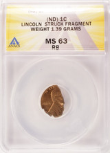 (1909-1958) 1c Wheat Cent Struck on Fragment 1.39 Grams ANACS MS63 RB